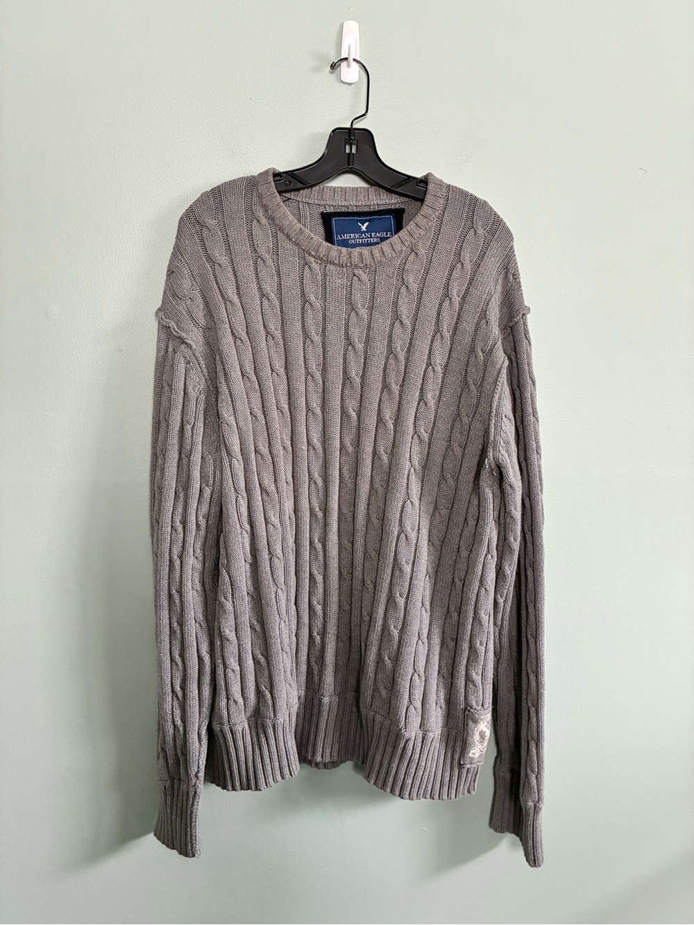 American Eagle Outfitters Men Gray Cable Crewneck Fisherman College Sweater 2XL